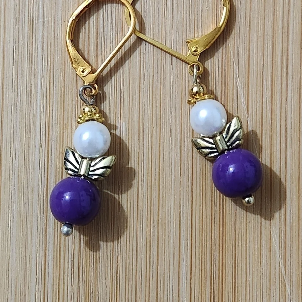 Hand Crafted Gold and Purple Beaded Earrings Pierced Dangle Angel